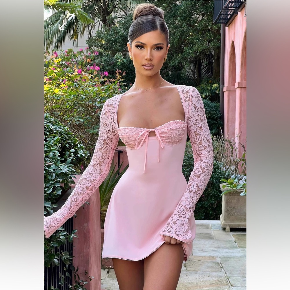 Elegant Long Sleeve Pink Lace Dress